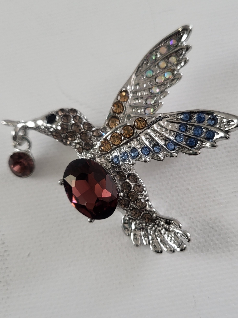 Crystal Hummingbird Brooch with Faux Garnet Center